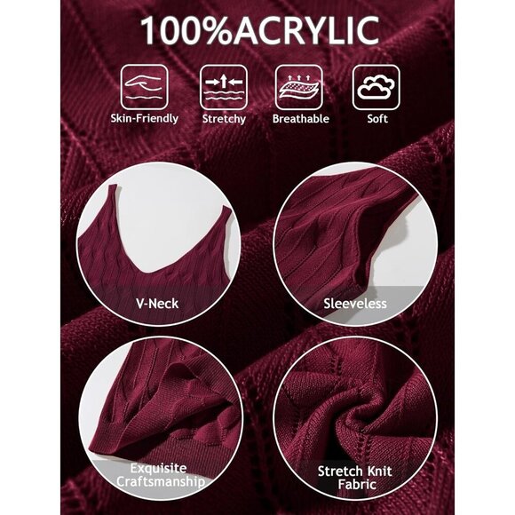 Feoya Women Red Scoop Neck Knitted Cami Layering Sleeveless Pointelle Sweater - Picture 5 of 6